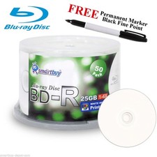 50 Smartbuy BD-R 6X 25GB White Inkjet Printable Disc + Black Permanent Marker picture