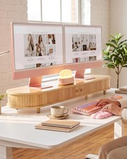 Bamboo Dual Monitor Stand W/ Storage 42 Inch Desk Shelf Riser Curved Double picture