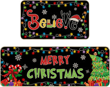 Christmas Kitchen Rugs Set of 2, Colorful Rainbow Lights Green Xmas Trees Kitche picture