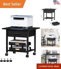 Modern Black 2-Tier Printer Stand with Drawer & Locking Wheels - Easy Mobility picture