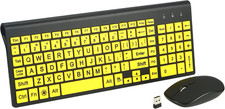 Large Print Wireless Keyboard Mouse Combo 2.4GHz USB QWERTY Yellow Quiet Keys picture