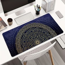 1pc Golden Mandala Mouse Pad, Navy Blue Geometric Symmetrical Desk Mat, Large picture