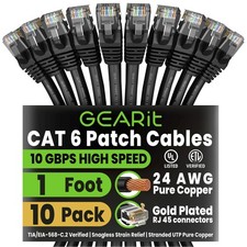 10 PCS Black Cat6 Patch Cables Cat 6 Ethernet Cable 1 FT Network Wire picture
