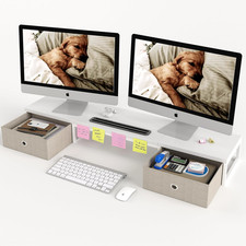 39 Inch Dual Monitor Stand Riser with Drawers White Wooden Desk Organizer for picture