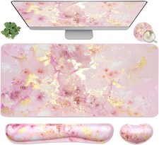 3in1 Gaming Mouse Pad Keyboard Wrist Rest Set Large Extended Desk Mat Pink Marbl picture
