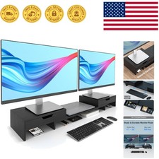 Adjustable Bamboo Dual Monitor Stand with Storage Drawers - Elegant Black Finish picture