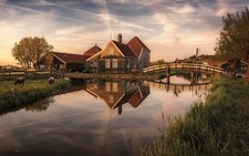 Landscape nature canal bridge windmill house grass Custom Gaming Mat Desk picture