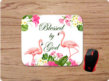 FLAMINGO BLESSED BY GOD RELIGIOUS CUSTOM MOUSE PAD HOME OFFICE TROPICAL DECOR  picture