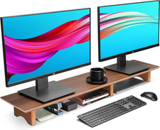 Dual Monitor Stand 43 Inch Black Walnut Finish Desk Cork Legs Supports Up to 50 picture