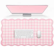 Large Pink Scalloped Gingham Desk Mat Cute Keyboard Mouse Pad Office Desktop picture