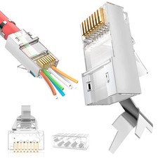 30 PCS Shielded RJ45 Cat6A Cat7 Pass Through Connectors 3Prong 8P8C 50U Gold picture