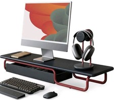 Fenge Solid Wood computer Monitor Stand Riser With Large Drawer Black Desktop  picture