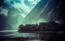 Landscape mist forest trees mountains nature fjord snowy Custom Gaming Mat Desk picture