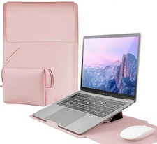 4 in 1 Laptop Sleeve with Stand Mouse Pad Pouch 15-16 Inch Faux Leather Pink picture