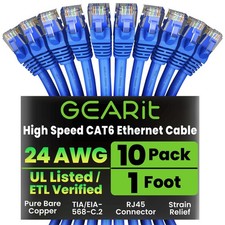 10 Pack Cat 6 Ethernet Cable 1 Ft Patch 10Gbps Snagless Gold Plated Blue picture