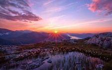 Landscape sunrise spring mountains lens flare sun rays Custom Gaming Mat Desk picture
