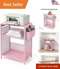 Heavy Duty Under-Desk Printer Table with 3-Tier Design & Storage Basket, Pink picture