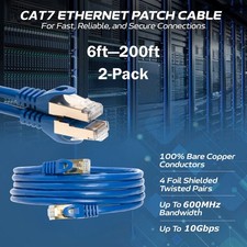2-Pack CAT7 S/FTP Ethernet Patch Cord 600MHz Network Cable 6FT-200FT Blue Lot picture