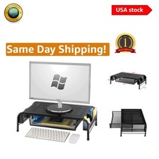 Space-Saving Black Metal Desk Riser with Organizer Drawer for Office Essentials picture