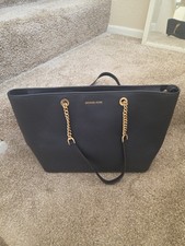 Michael Kors Extra Large Shoulder Tote Gold Chain Leather Laptop  Blue  18X12  picture