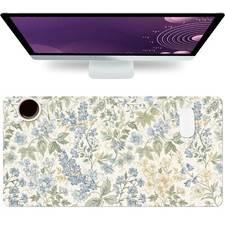 23.6x11.8 Inch Large Mouse Pad Beige Blue Floral Desk Mat Keyboard Protector picture