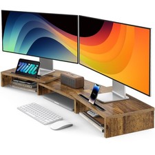 Rustic Brown Dual Monitor Stand Riser 3 Shelf Screen Adjustable Drawer picture