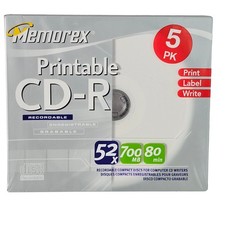 Memorex Vintage NWT Printable CD-R 5 Pack 700MB 80Min 52x White 3202 4729 picture