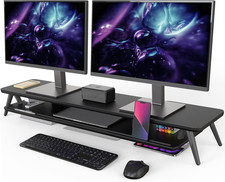 Dual Monitor Stand Riser Wooden Desk Shelf with 2-Tier Storage and Cable picture