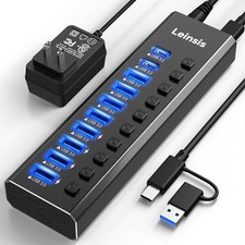 10-Port Powered USB Hub 3.2, USB-C & USB-A with Individual Switches, 12V Adapter picture