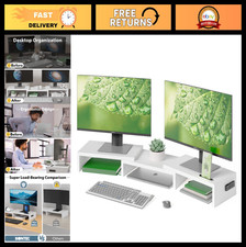 Adjustable Dual Monitor Stand Riser - Ergonomic Wooden Desktop Organizer, White, picture