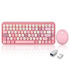 PERIDUO713 ES Set Raton Mini Teclado Inalambrico 2.4 GHz Retro Rosado Pastel picture