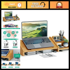 Adjustable Bamboo Laptop Stand with Storage - Desk Monitor Riser for Home Office picture