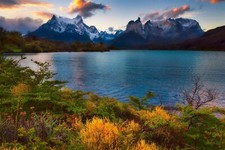 Landscape nature lake sunset spring mountains snowy peak Custom Gaming Mat Desk picture