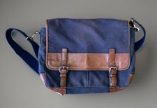 Fossil Messenger Bag Navy Canvas Brown Leather Accents Laptop Bag Crossbody picture