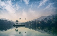 Landscape nature lake island forest reflection village Custom Gaming Mat Desk picture