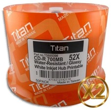 100-Pak Titan =WATER-RESISTANT= 52X 80-Min =SEMI-GLOSSY= White Inkjet Hub CD-R's picture