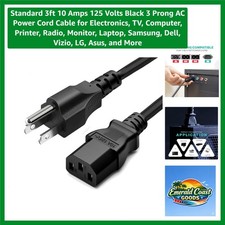 Versatile 3-Prong 3ft AC Power Cable - Ideal for PCs, TVs & Printers picture