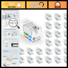 Cat6 Keystone Jacks 10Gbps, UL Listed, 25-Pack, White Network Connectors picture