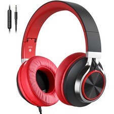 Black Red Wired Over Ear Headphones With Mic Volume Control 3.5mm Jack picture