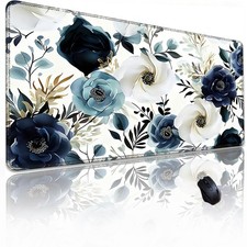 Blue Floral Mouse Pad Large White Flowers Desk Mat 31.5x11.8 Inch Keyboard picture