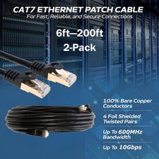 2-Pack CAT7 S/FTP Ethernet Patch Cord 600MHz Network Cable 6FT-200FT Black Lot picture