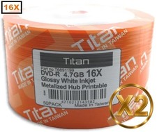 100-Pak =SEMI-GLOSSY= Titan 16X White Inkjet Hub DVD-R's, Titan T6891199 picture