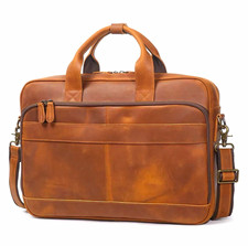 Leather Laptop Briefcase, Brown, Padded, Shoulder Strap, Solid Pattern New Tan picture
