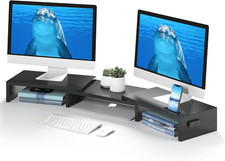 Dual Monitor Stand Riser - Adjustable Ergonomic Wooden Desktop Organizer (BLACK) picture