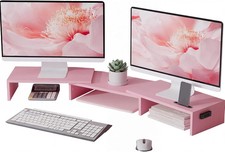 BONTEC Dual Monitor Stand Riser, Adjustable Length & Swivel Angle, Pink picture