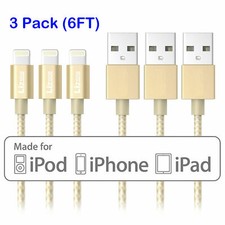 3X Lightning Cable 6Ft iPhone iPad iPod Charger Cord MFi Certified Nylon Gold picture
