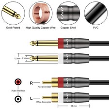 J&D Dual RCA to 1/4 Inch TS Audio Interconnect Cable Stereo Gold Plated Black picture