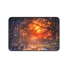 Enchanted Forest Sunset Desk Mat | Deer Swan Woodland Scene picture