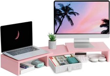 TEAMIX Pink Dual Monitor Stand Riser with Drawer - Length and Angle Adjustable D picture