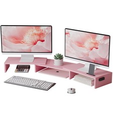 Adjustable Dual Monitor Stand Riser, Ergonomic Wooden Desktop Organizer, Pink - picture